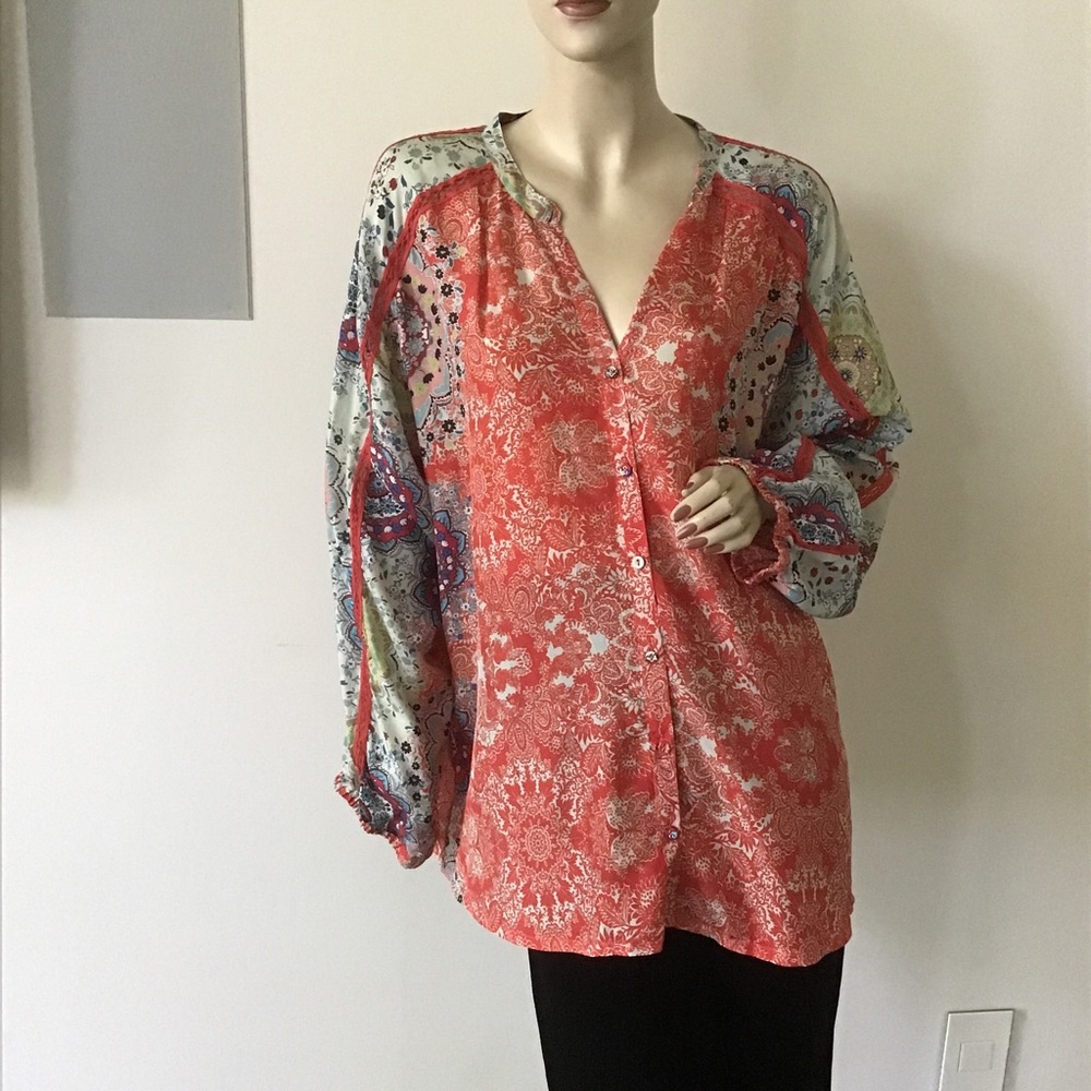 Johnny Was Red Ellen Button Up Floral Boho Lace Silk Top Blouse Floral XXL‎ 2XL